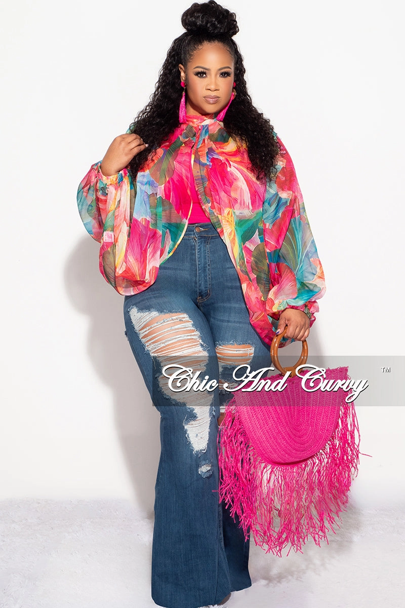 Final Sale Plus Size Sheer Balloon Sleeve Crop Top in Fuchsia Floral Multi Color Print HiddenPockets Ultra Soft