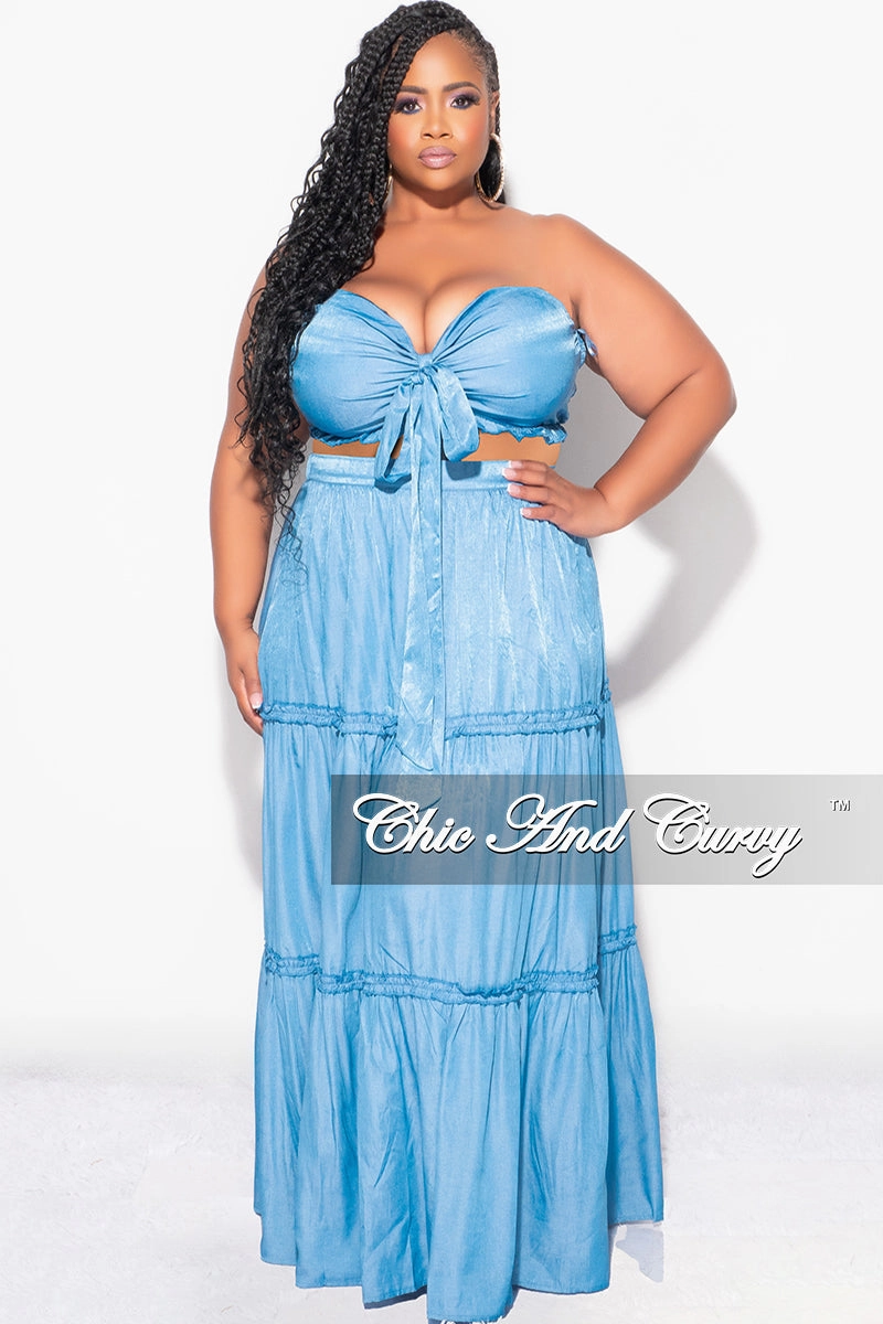 Final Sale Plus Size 2pc Strapless Crop Top and Maxi Skirt Set in Denim Low Profile Fasteners Classic Comfort