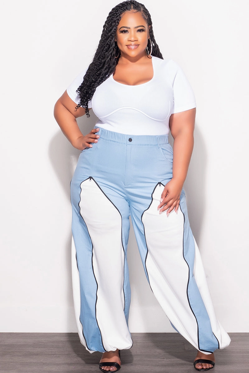 Minimal Comfort Final Sale Plus Size Color Block Pants in Denim and White
