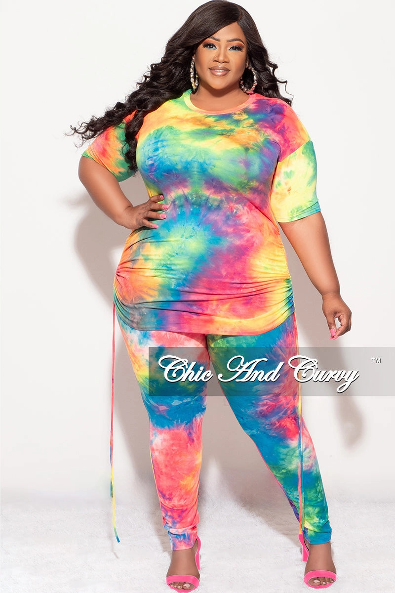 Final Sale Plus Size 2-Piece Set Side Ruching Top & Pants in Rainbow Tie Dye Print Casual Office Stretchable Wear