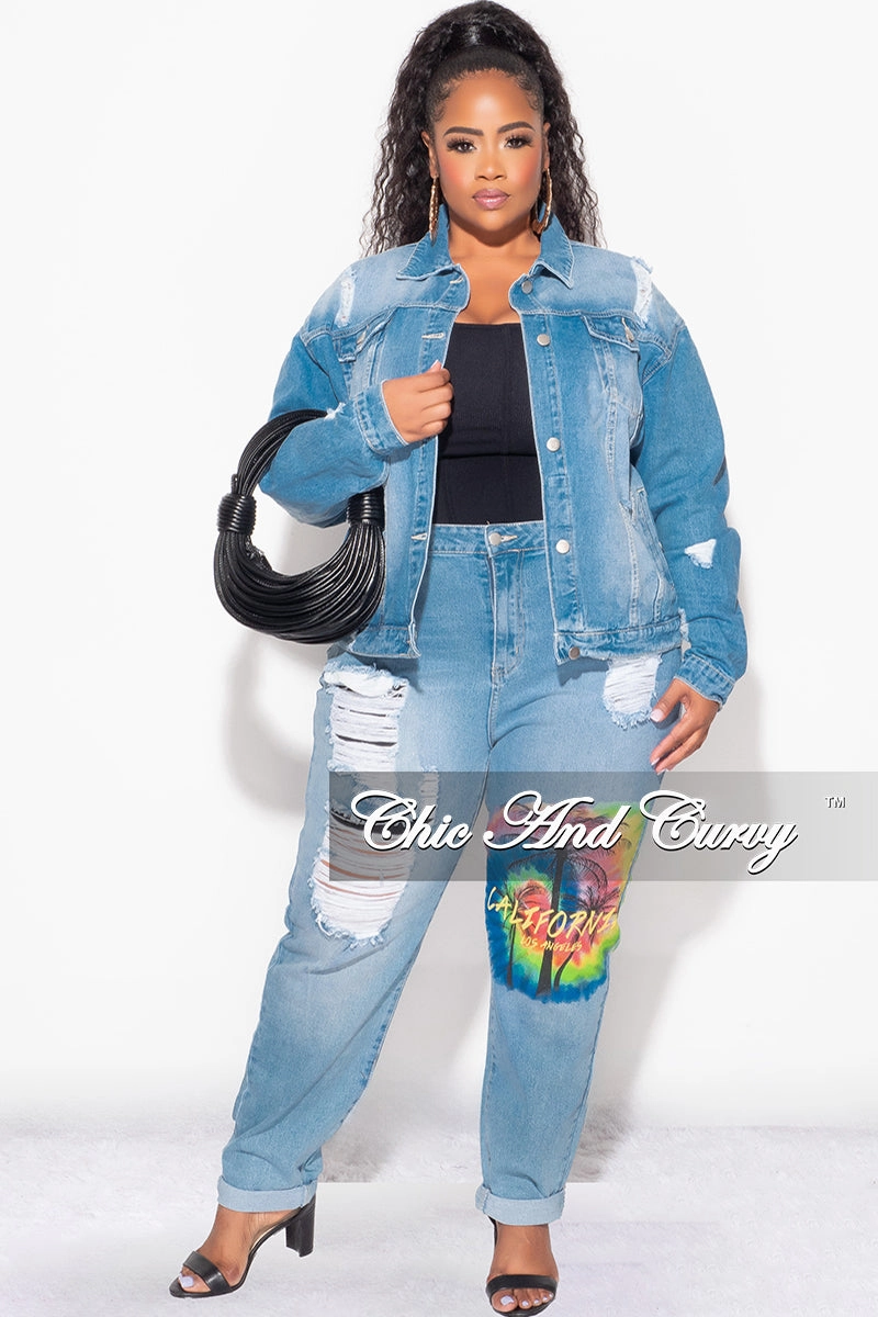 Final Sale Plus Size 2pc California Jacket and Pants Set in Denim Easy Care Fabric Finish Quality Material