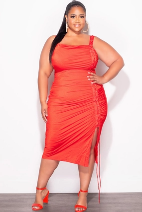 Final Sale Plus Size Shiny Spaghetti Straps Lace Up Detail Dress in Red Core Cut