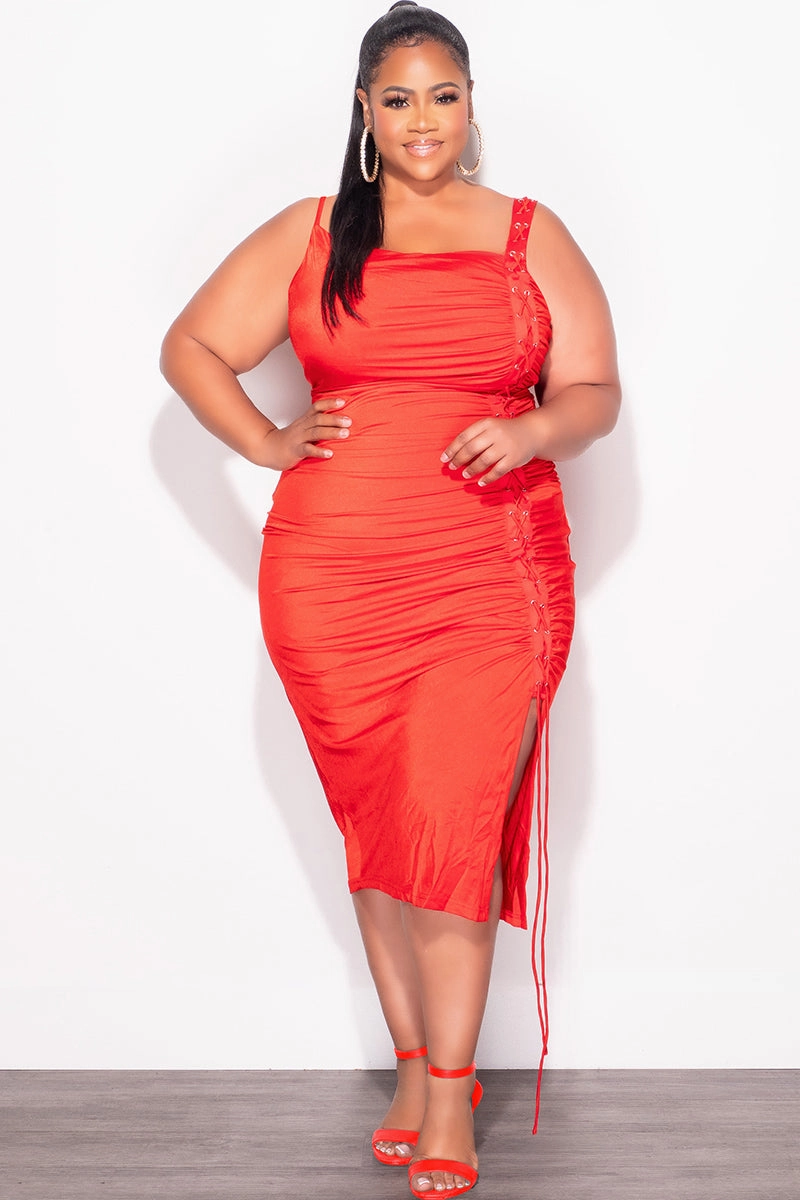 Flex Fit Design Double Needle Stitching Final Sale Plus Size Shiny Spaghetti Straps Lace Up Detail Dress in Red