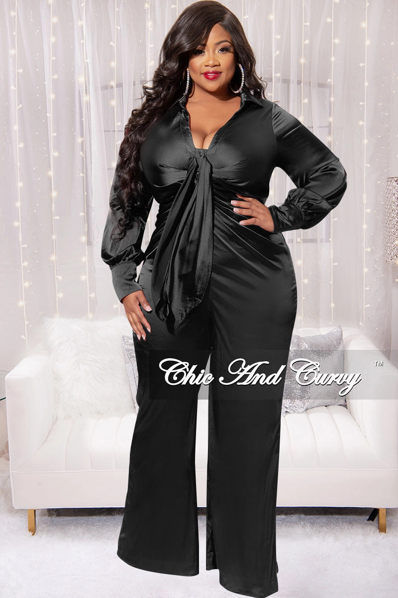 Final Sale Plus Size Satin Collar Front Tie Button Up Jumpsuit in Black ThermalRegulationLayer MeshVentilation
