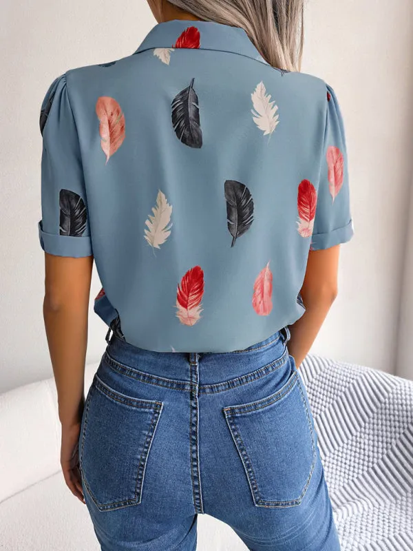 Ulyssa Women's Elegant Feather Print Loose Short Sleeve Shirt