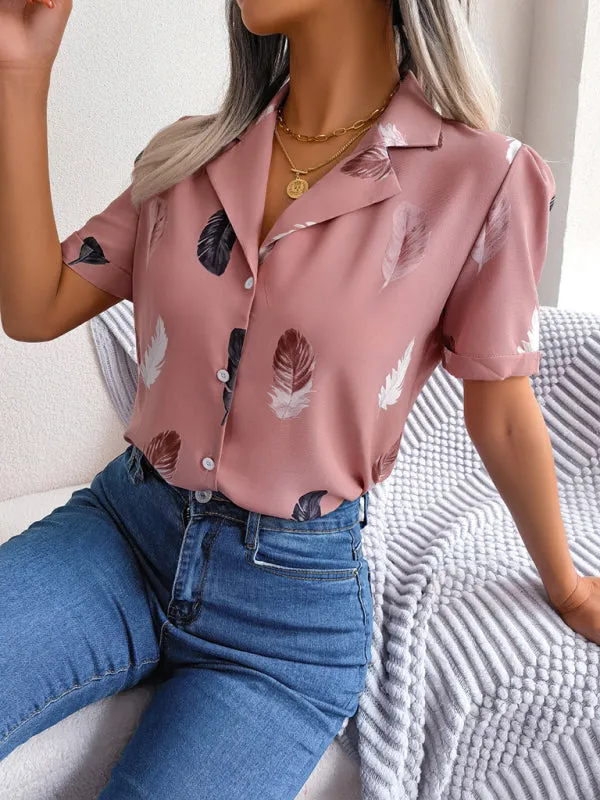 Ulyssa Women's Elegant Feather Print Loose Short Sleeve Shirt