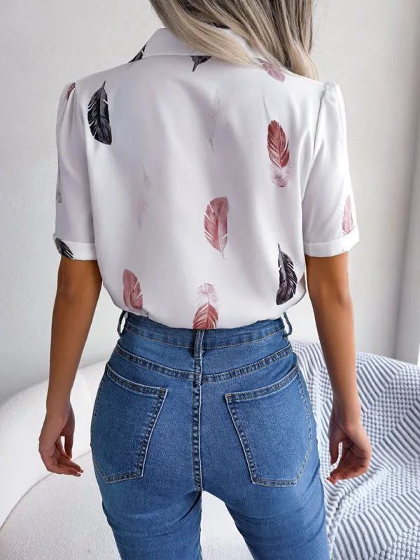 Ulyssa Women's Elegant Feather Print Loose Short Sleeve Shirt