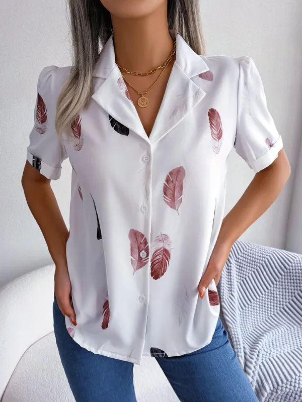 Ulyssa Women's Elegant Feather Print Loose Short Sleeve Shirt