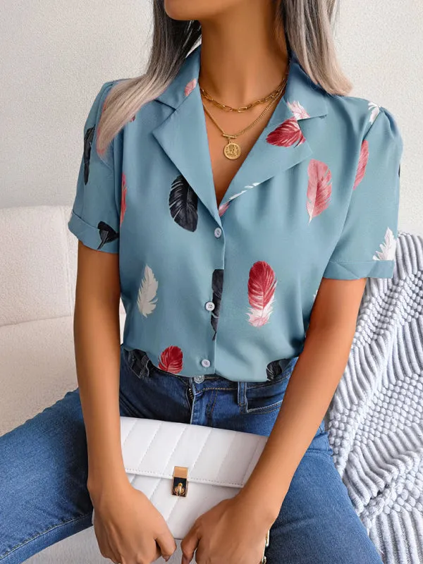 Ulyssa Women's Elegant Feather Print Loose Short Sleeve Shirt