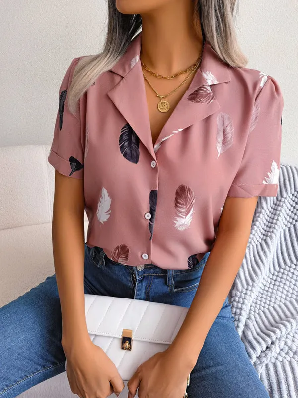 Ulyssa Women's Elegant Feather Print Loose Short Sleeve Shirt
