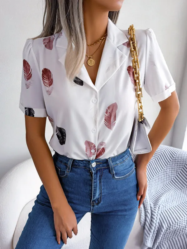 Ulyssa Women's Elegant Feather Print Loose Short Sleeve Shirt