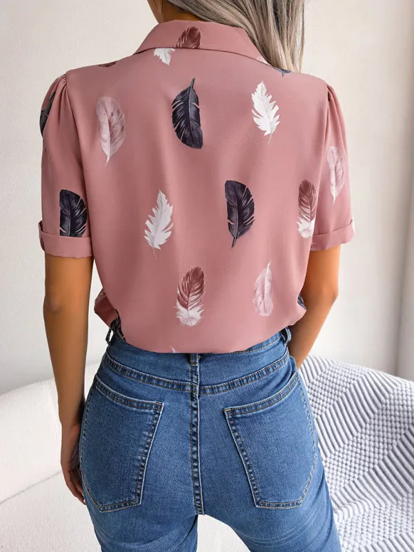 Ulyssa Women's Elegant Feather Print Loose Short Sleeve Shirt