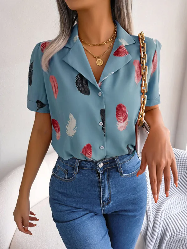 Ulyssa Women's Elegant Feather Print Loose Short Sleeve Shirt