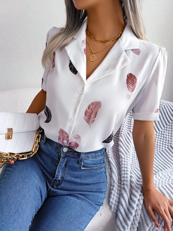 Ulyssa Women's Elegant Feather Print Loose Short Sleeve Shirt