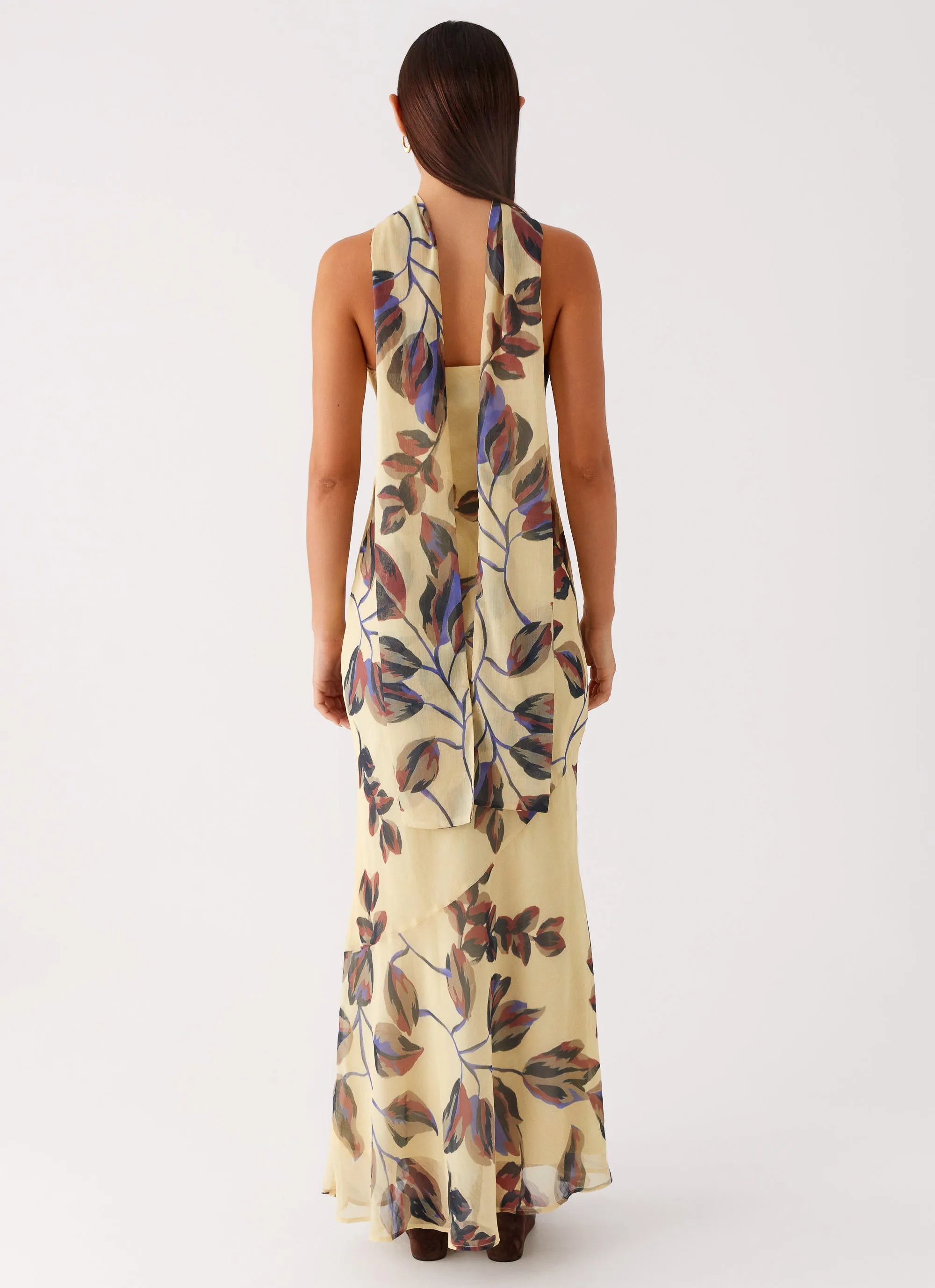 Under The Pagoda Maxi Dress - Buttercream Leaf Print Smooth Vibes