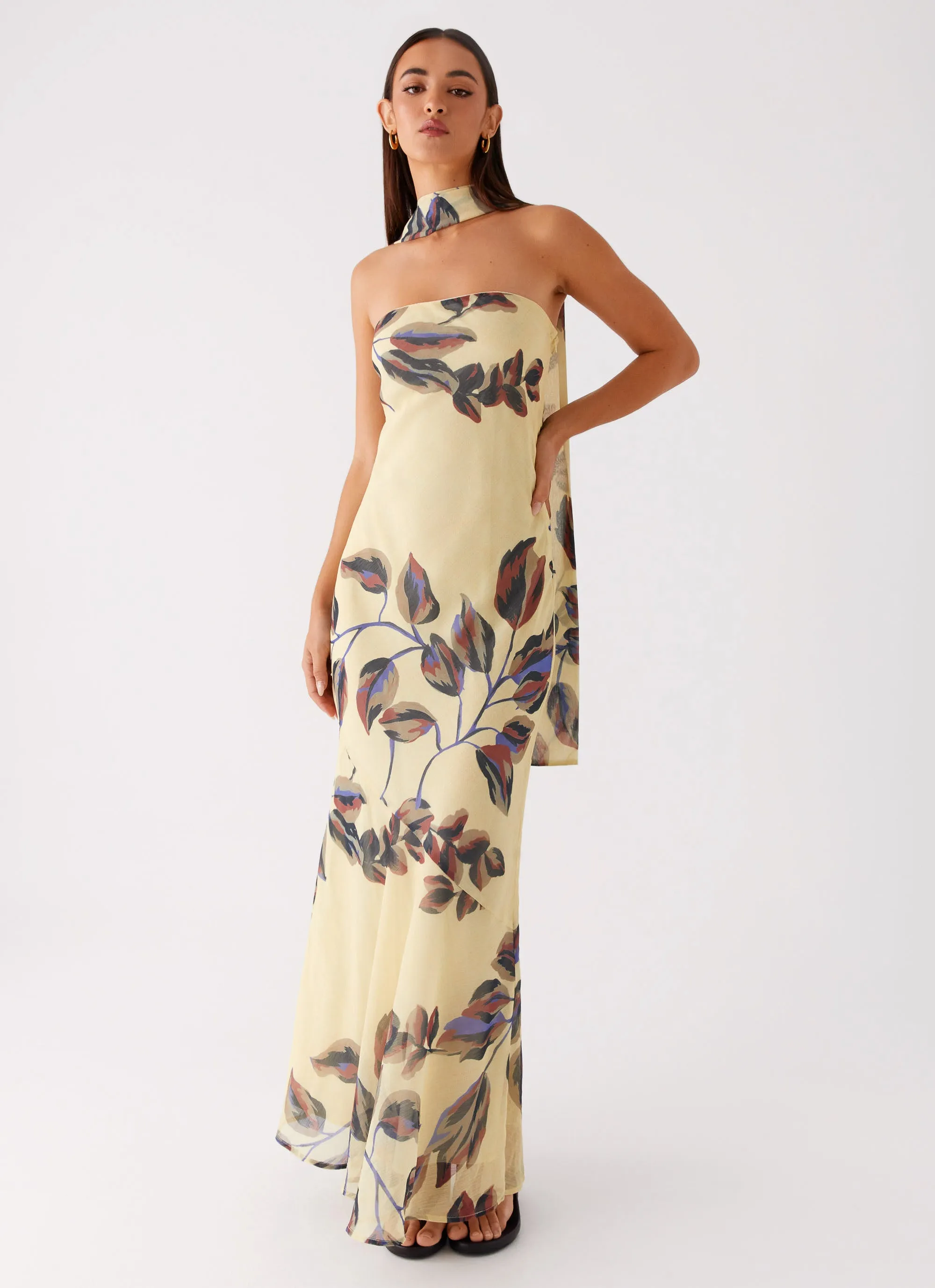 All Layer Textured Look Under The Pagoda Maxi Dress - Buttercream Leaf Print