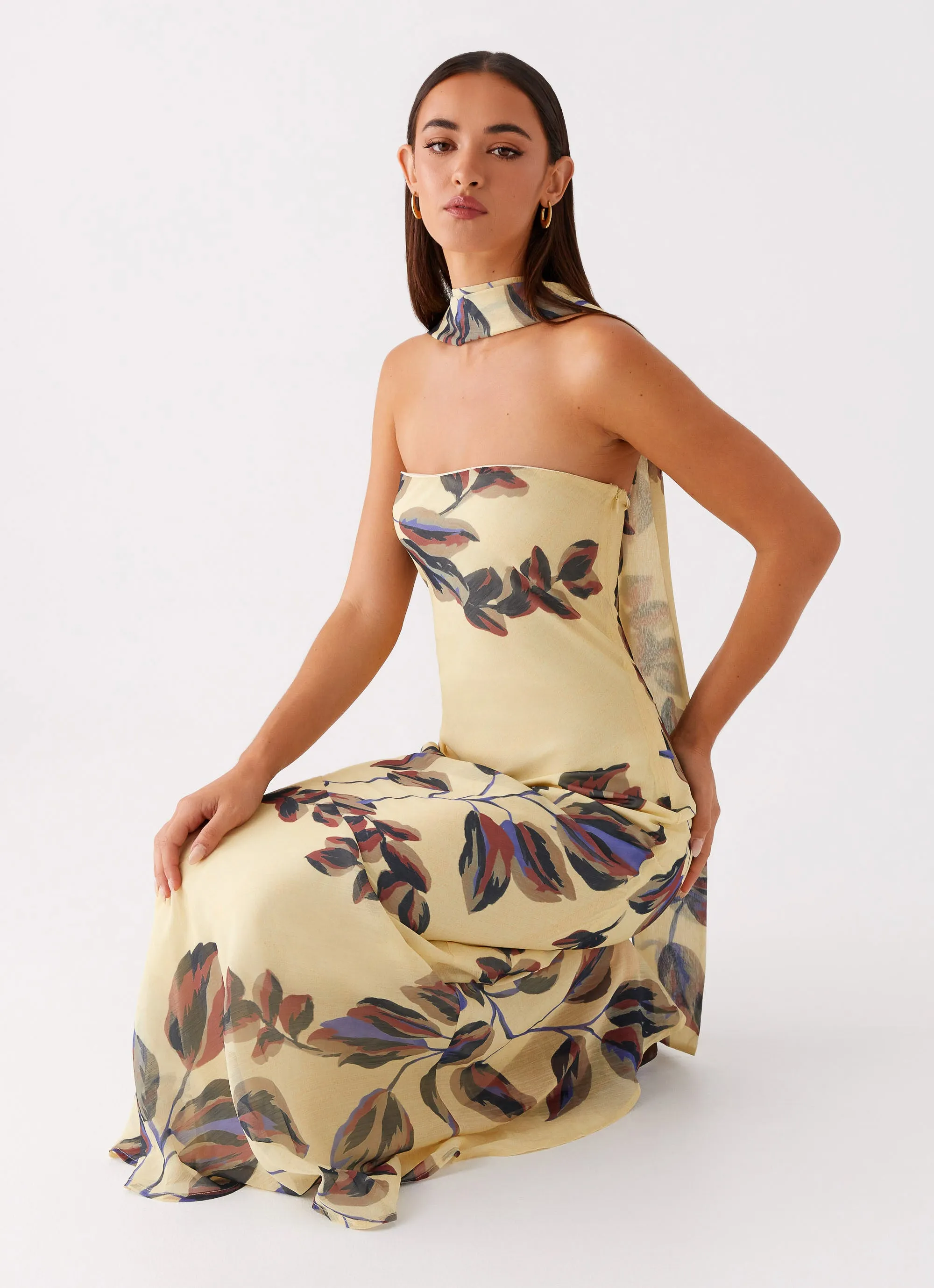 Under The Pagoda Maxi Dress - Buttercream Leaf Print Flowy-Shape