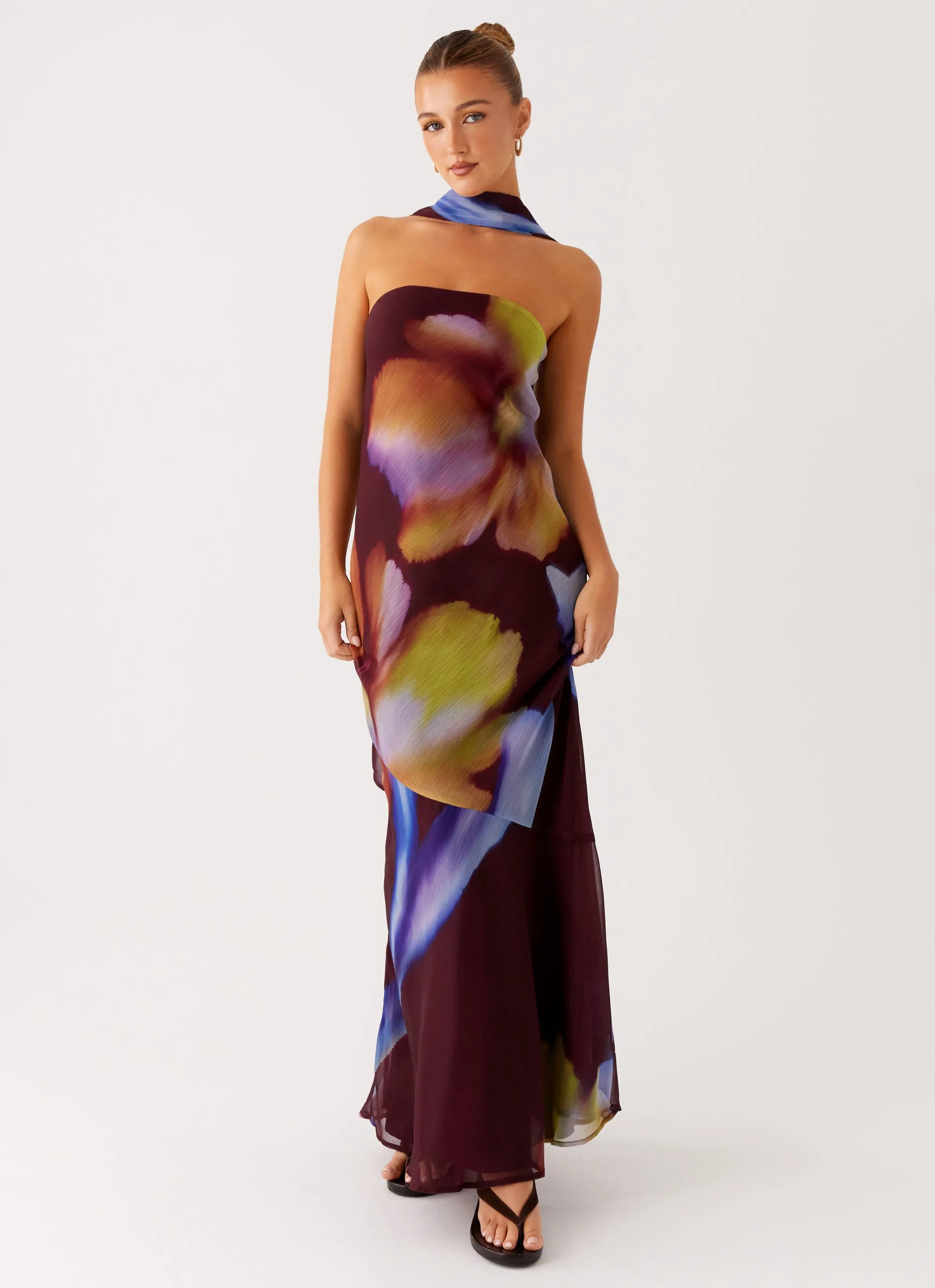 Belt Waist Flattering Cut Wear Under The Pagoda Maxi Dress - Dark Floral
