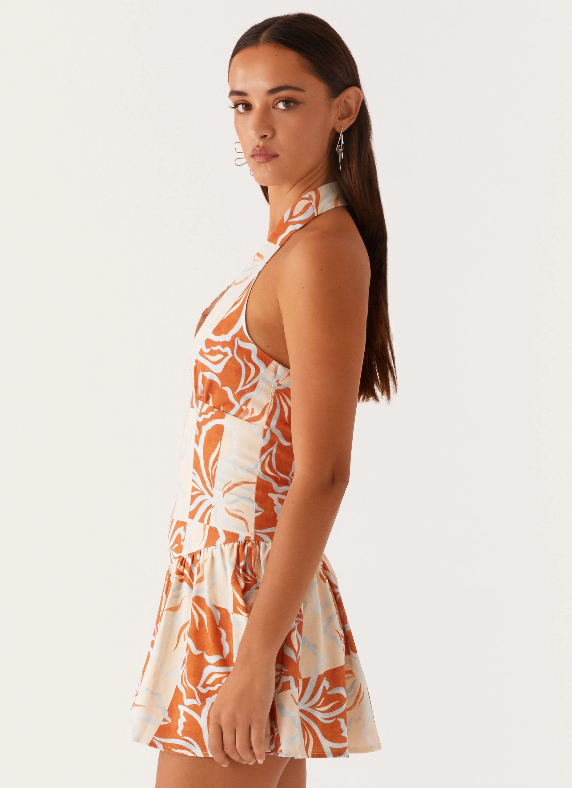 Movement Friendly Sunset Ballad Linen Mini Dress - Orange Blue Floral