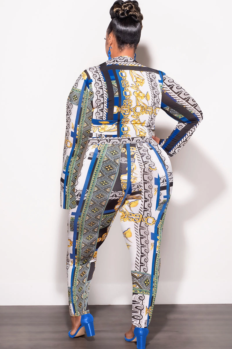 Final Sale Plus Size 2pc (Bodysuit & Pants) Set in Blue Gold Print Slim Stretch Chilly Weather Fit