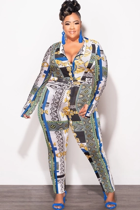 tech fabric Chic Fit Final Sale Plus Size 2pc (Bodysuit & Pants) Set in Blue Gold Print