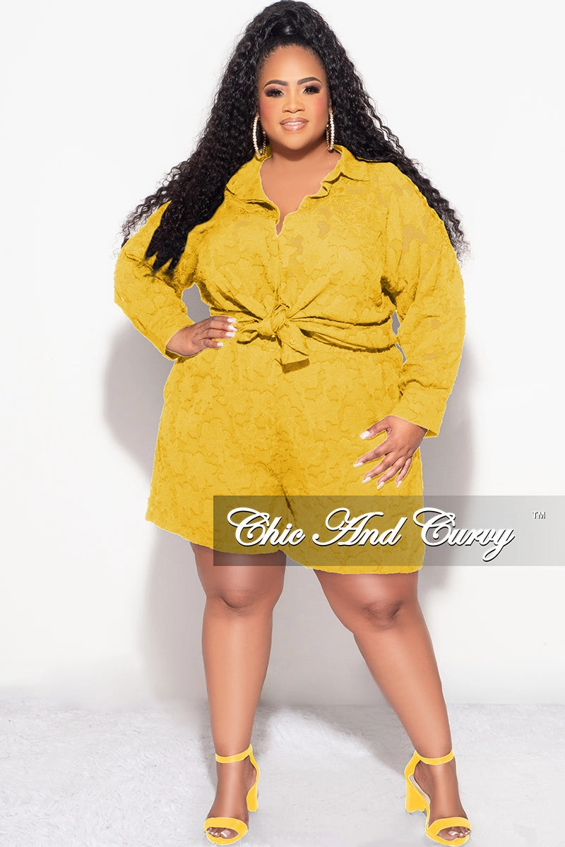 Sleek lines Final Sale Plus Size 2pc Collar Button Up Top And Short Set In Mustard