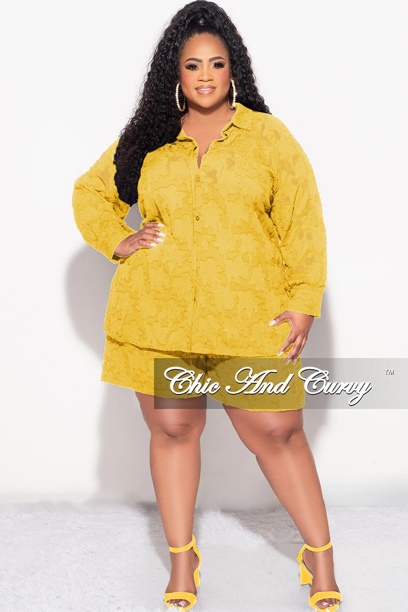 MoistureWicking High Rise Design Final Sale Plus Size 2pc Collar Button Up Top And Short Set In Mustard