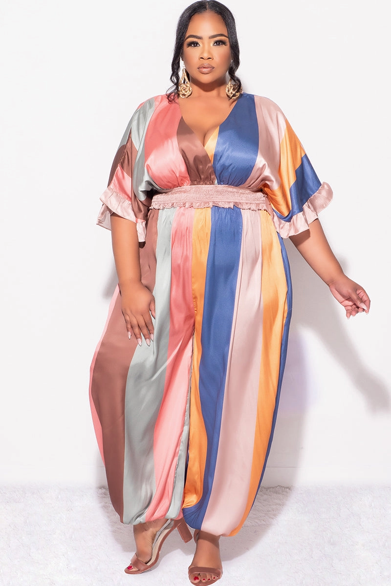 Mid Rise Multi Use Final Sale Plus Size Satin Jumpsuit in Multi Color Stripe Print