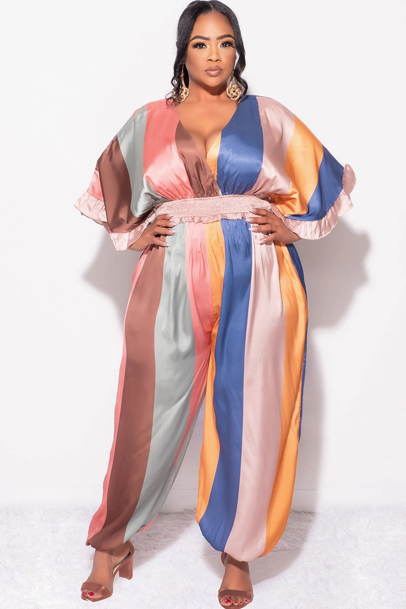 Universal Fit System Final Sale Plus Size Satin Jumpsuit in Multi Color Stripe Print