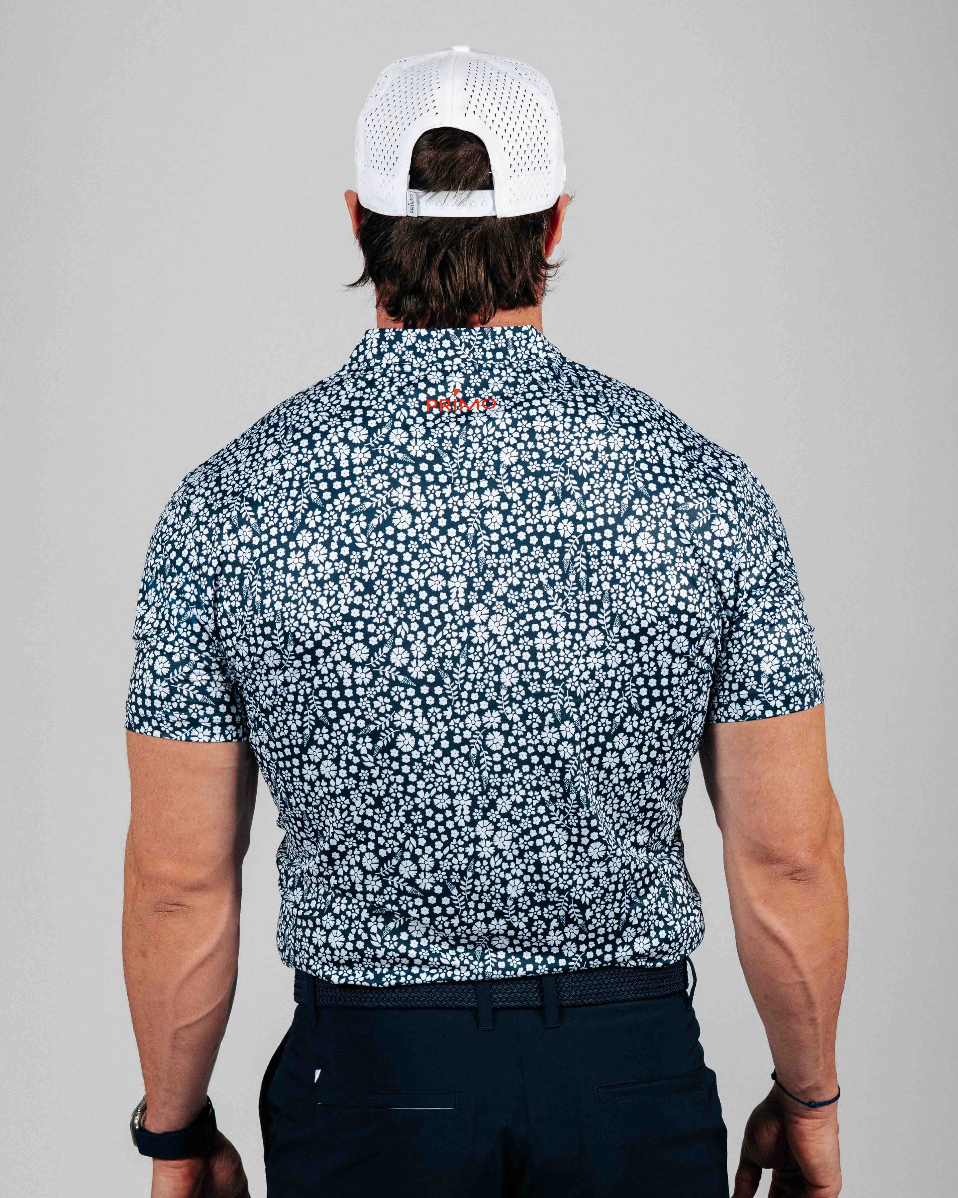 SoftTouchFinish Four Way Stretch Material Navy Microfloral Blade Collar Polo