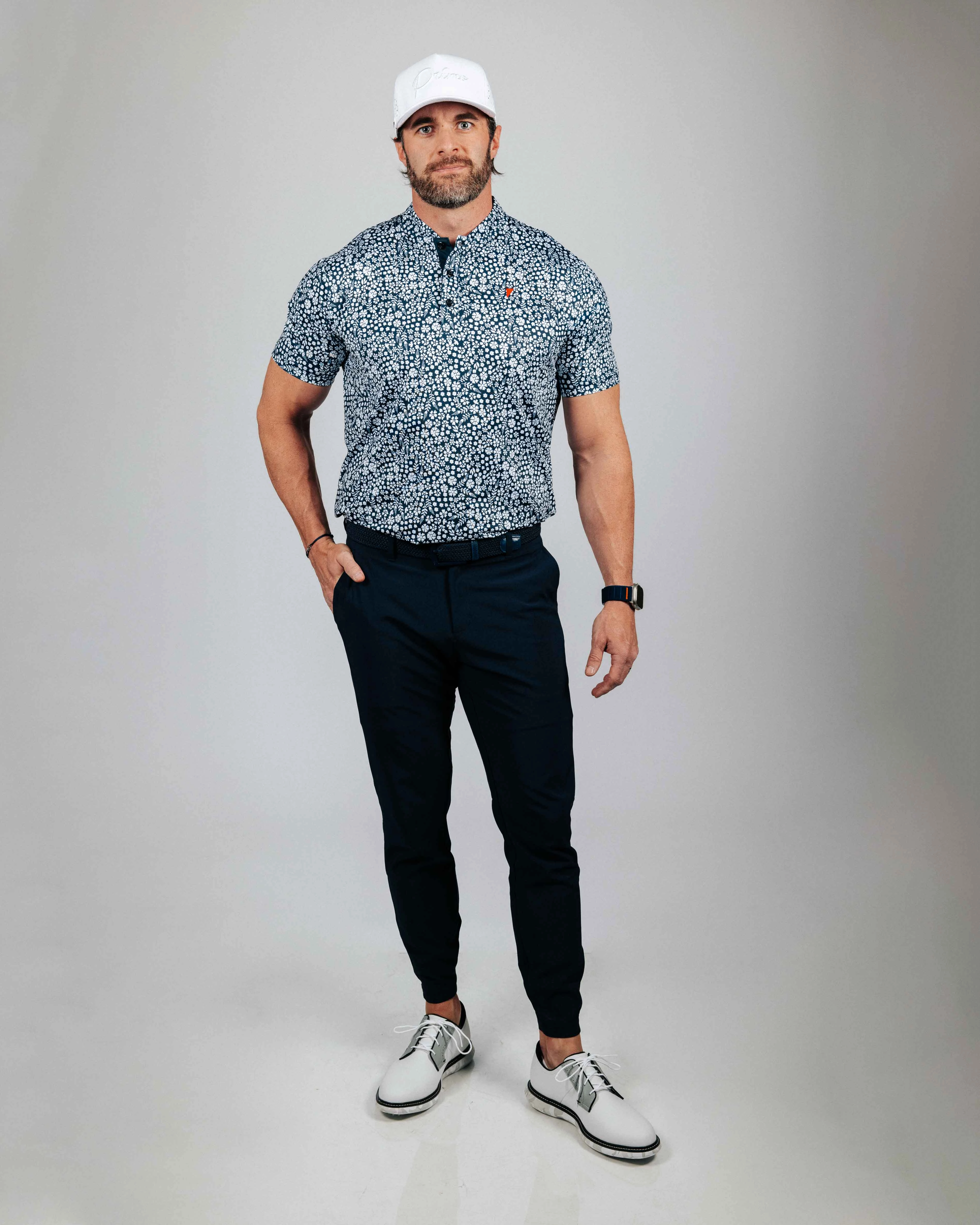 Navy Microfloral Blade Collar Polo Convertible Sleeve Adaptation Friction Reducing Finish