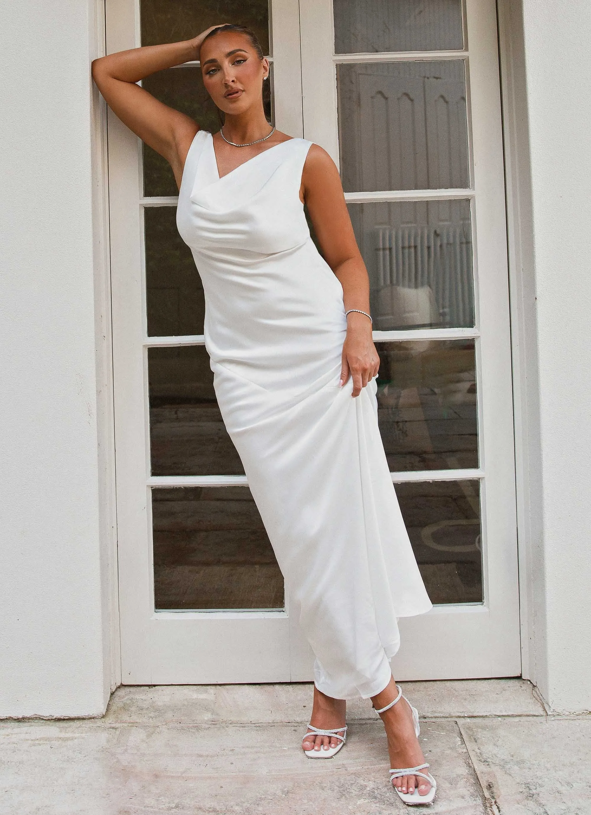 Be Mine Satin Maxi Dress - Pure White Breath Ease Edge Detail