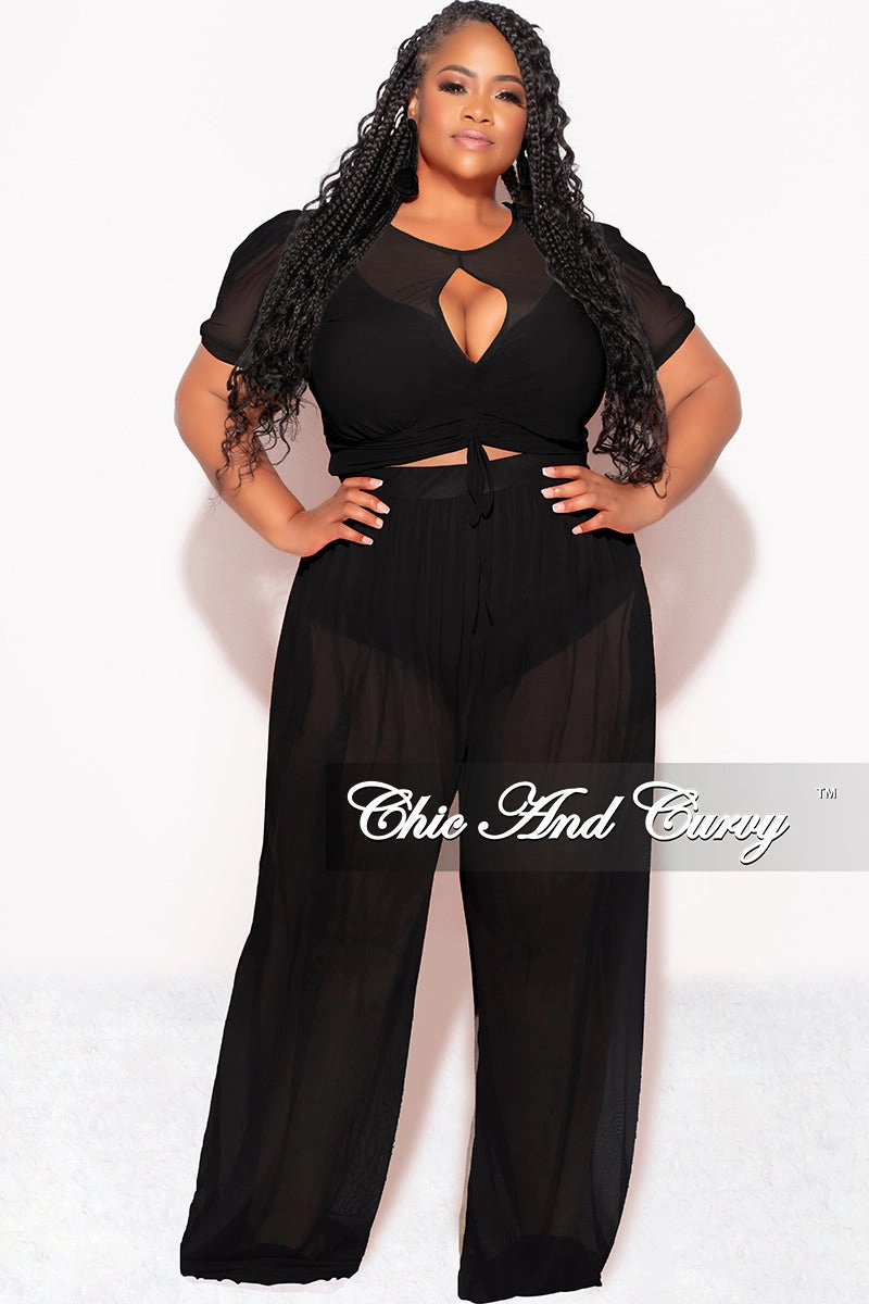 Final Sale Plus Size Mesh (See Through) 3pc Set Top, Bralette, & Pant with Briefs in Black Flexibility Built-In