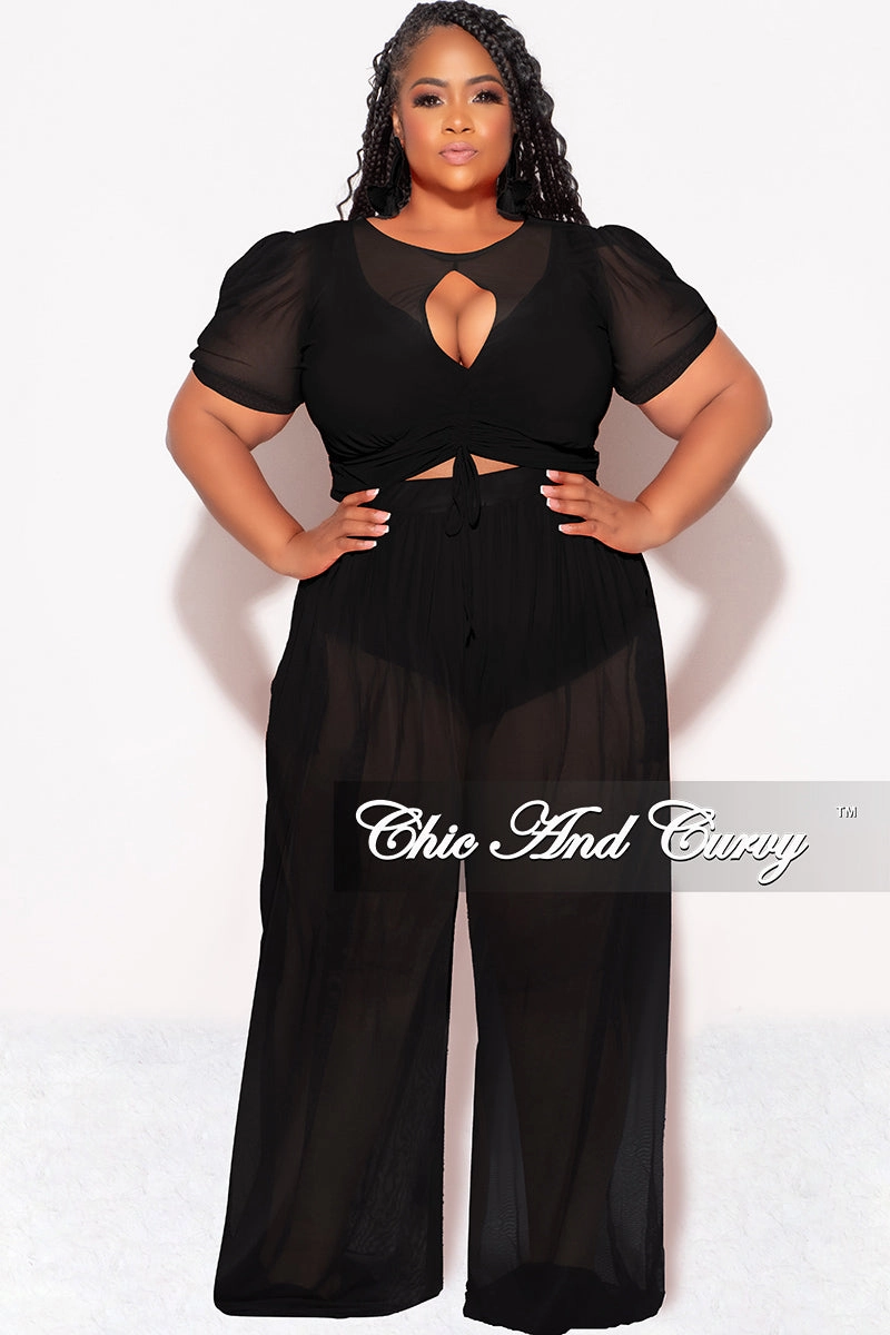 Final Sale Plus Size Mesh (See Through) 3pc Set Top, Bralette, & Pant with Briefs in Black Tough Flex