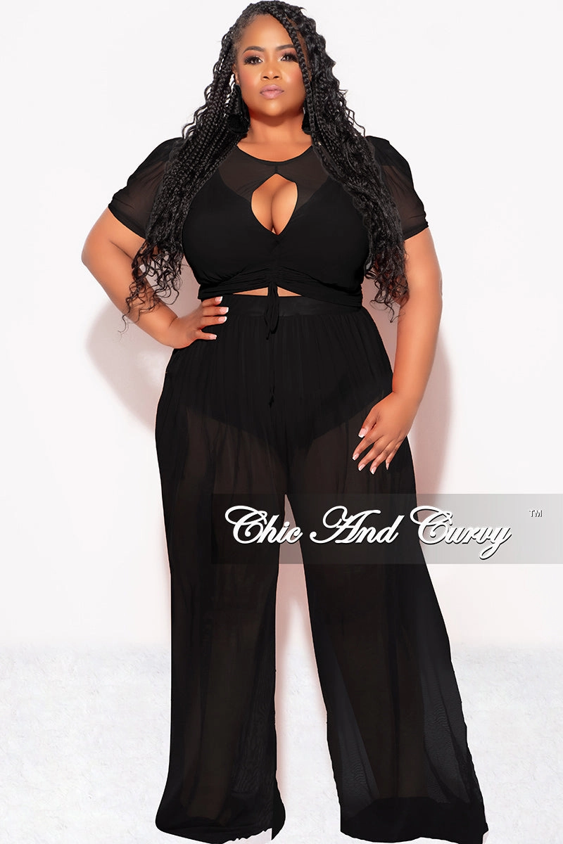 Final Sale Plus Size Mesh (See Through) 3pc Set Top, Bralette, & Pant with Briefs in Black Stretchable Waist