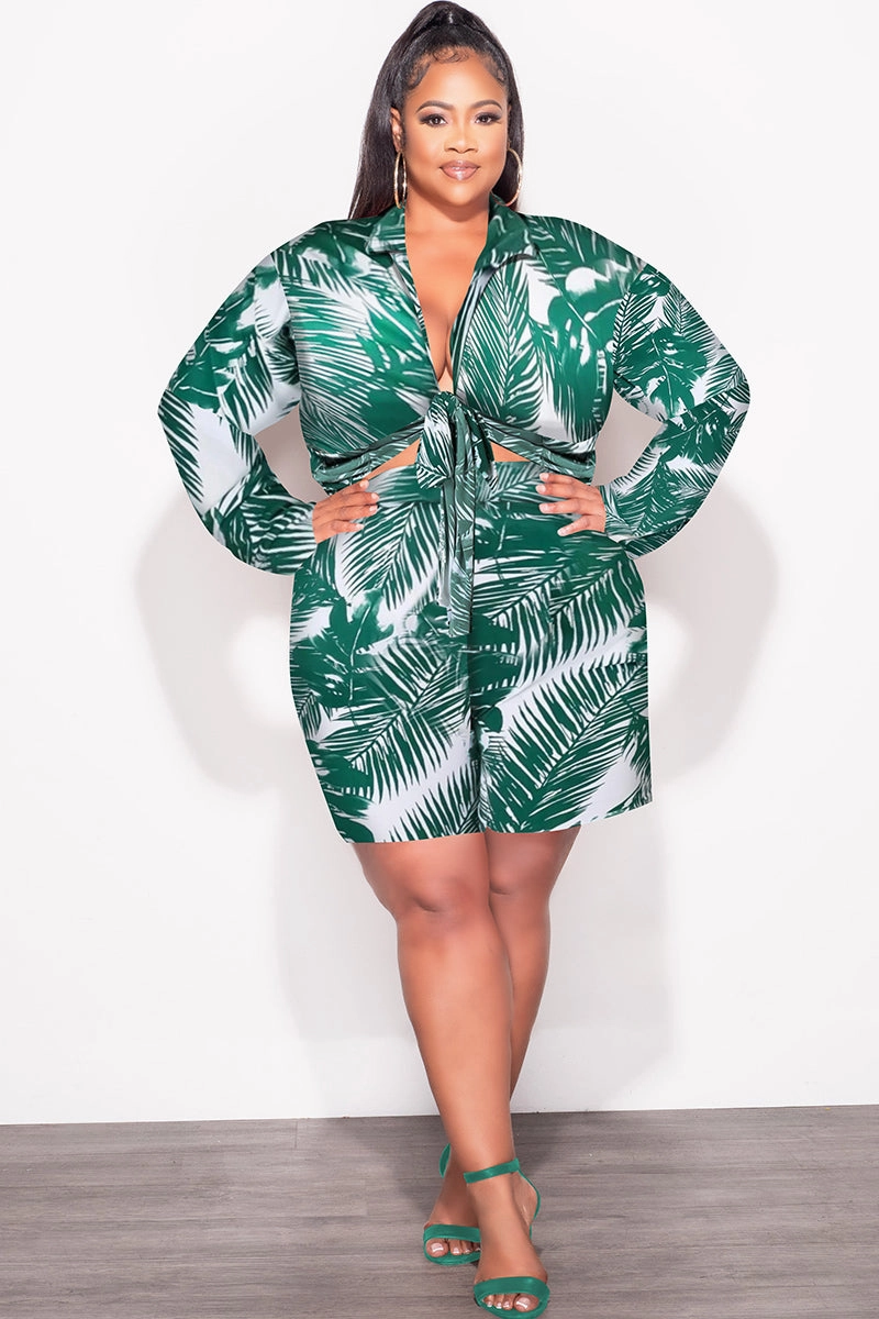 Final Sale Plus Size 2pc Crop Top & Bermuda Short Set in Green Palm Print Twill Weave Texture Core Comfort