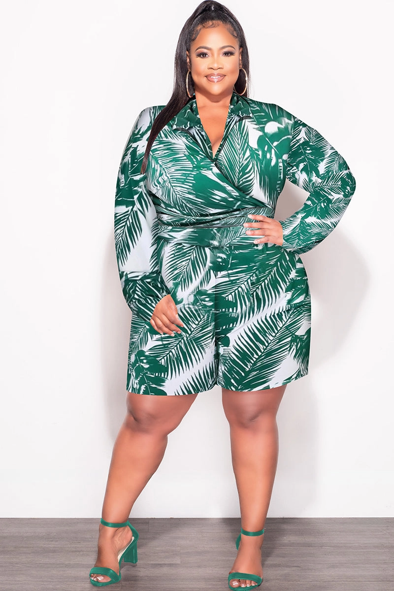Final Sale Plus Size 2pc Crop Top & Bermuda Short Set in Green Palm Print Quick Comfort Core Comfort