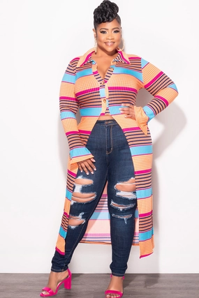 Final Sale Plus Size Ribbed Collar Button Up High-Low Top in Orange Multi Color Print Stretch waistband Commuter Fit