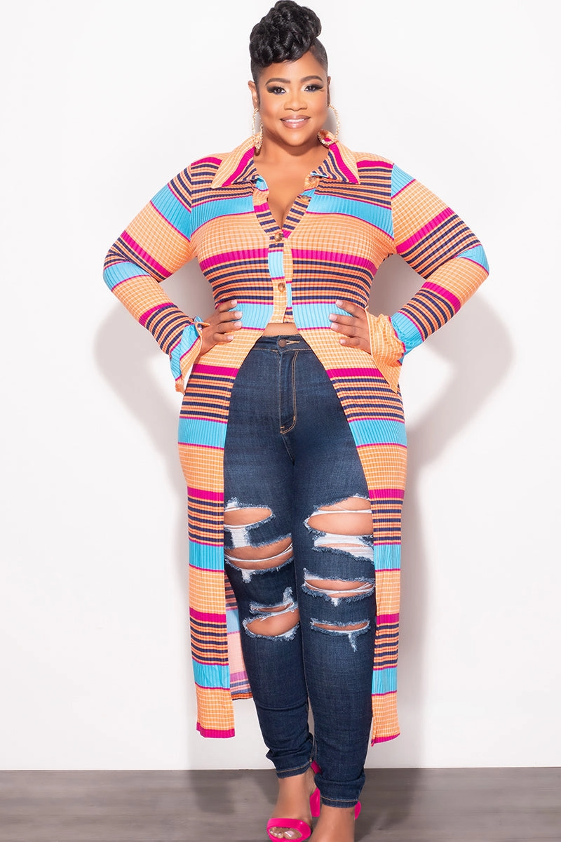 Smooth Fabric Core Essential Final Sale Plus Size Ribbed Collar Button Up High-Low Top in Orange Multi Color Print