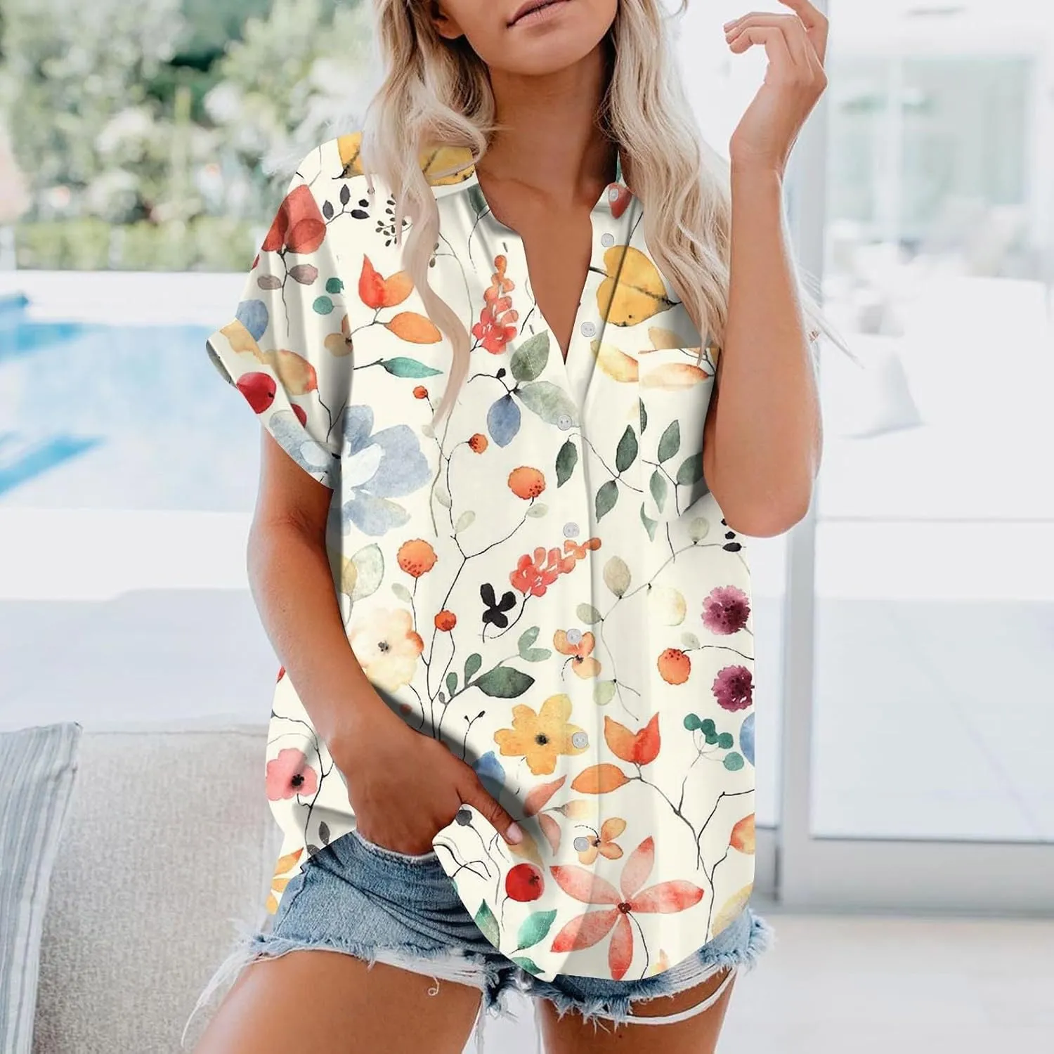 V Neck Casual Linen Shirt Womens Linen Top Long Sleeve Printed Shirt Womens Summer Blouse Top