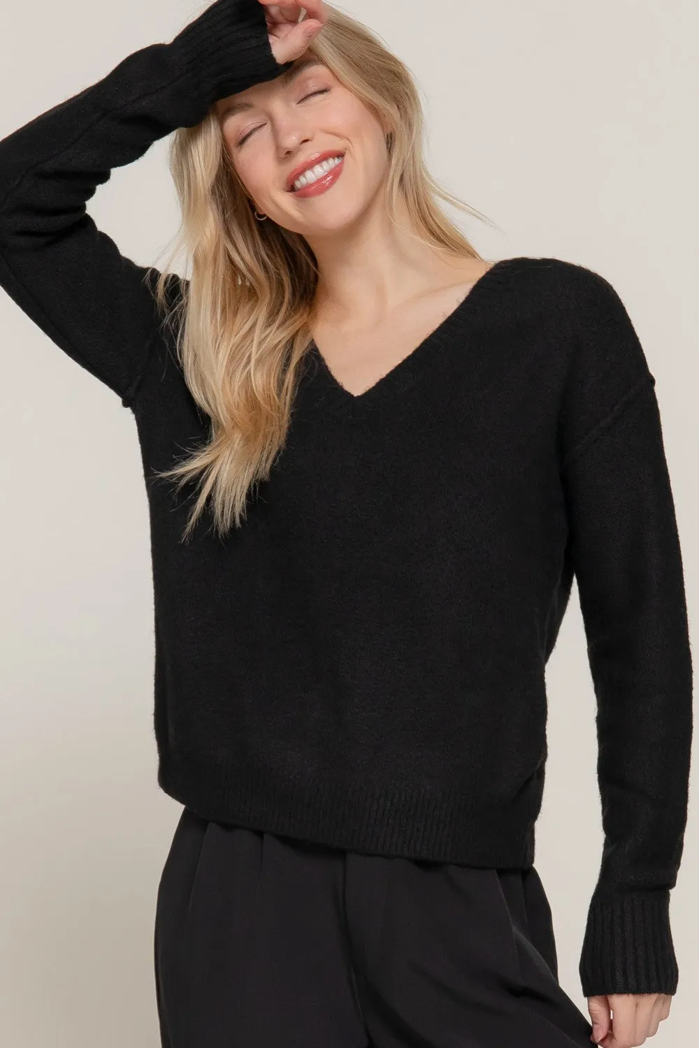 V-Neck Raised Seam Detail Sweater in Black