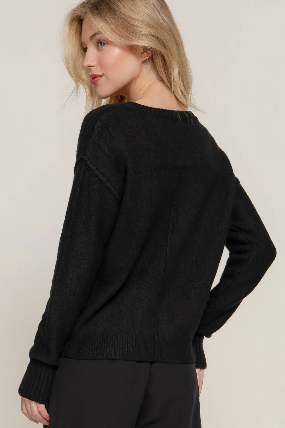 V-Neck Raised Seam Detail Sweater in Black