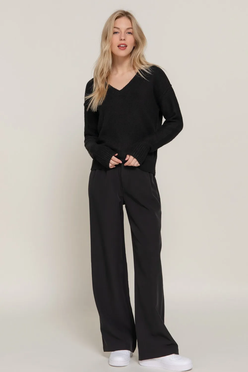 V-Neck Raised Seam Detail Sweater in Black