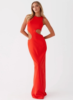 Vaeloria Maxi Dress - Red Minimalist Fit Cold-Shoulder
