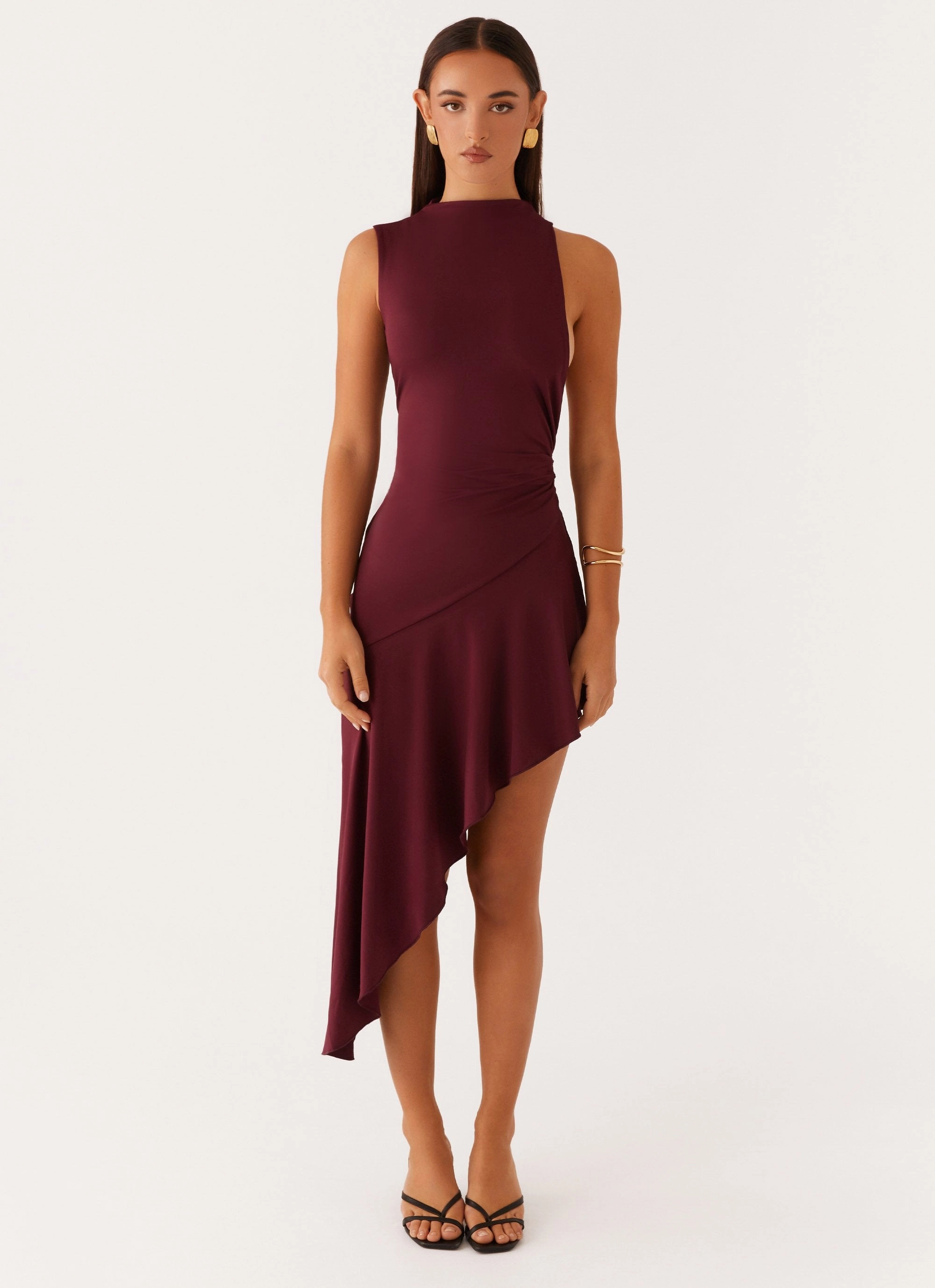 Satin Grace Venetia Asymmetric Maxi Dress - Deep Maroon