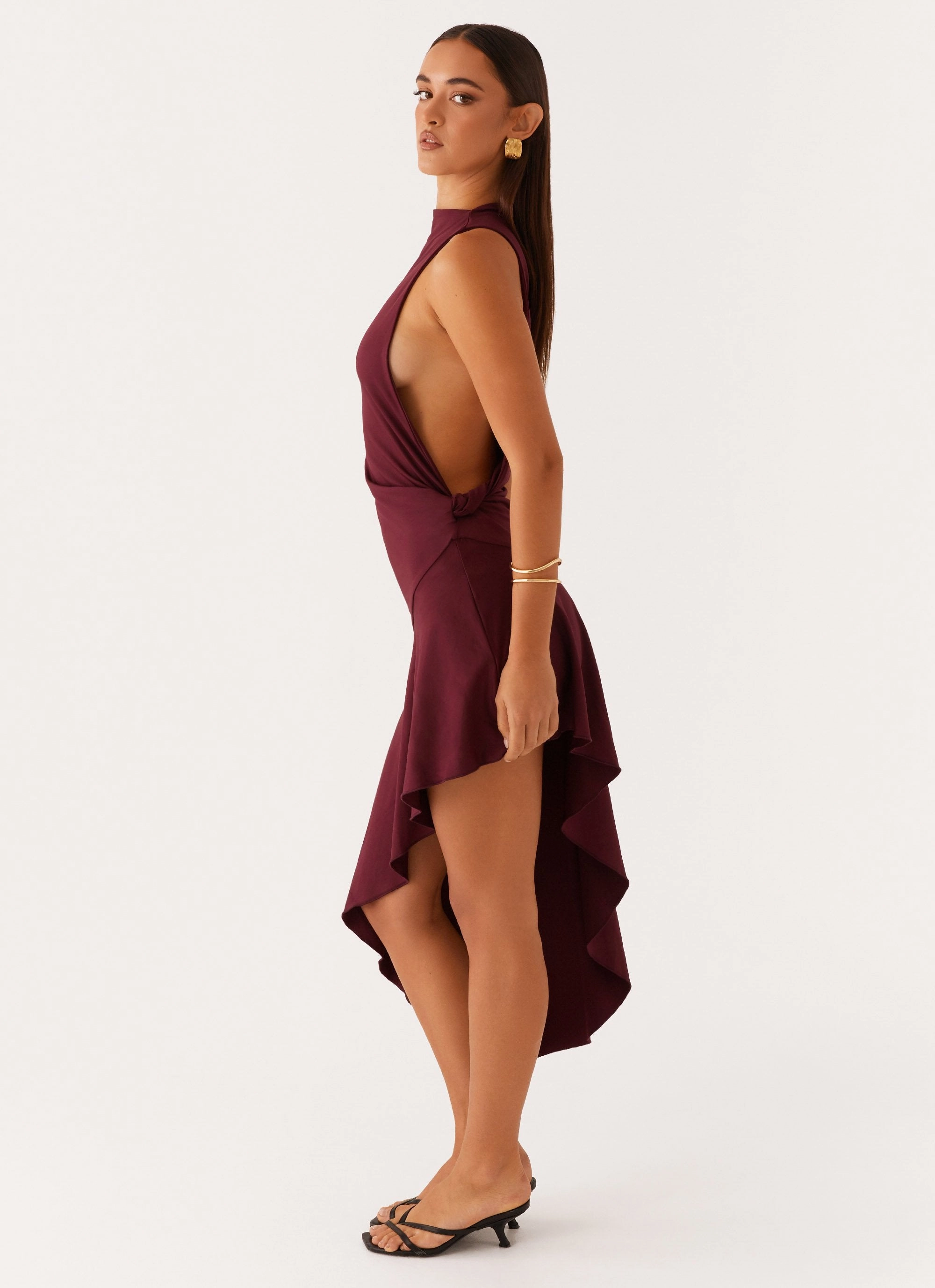 Venetia Asymmetric Maxi Dress - Deep Maroon Polished Cut Fall Flow