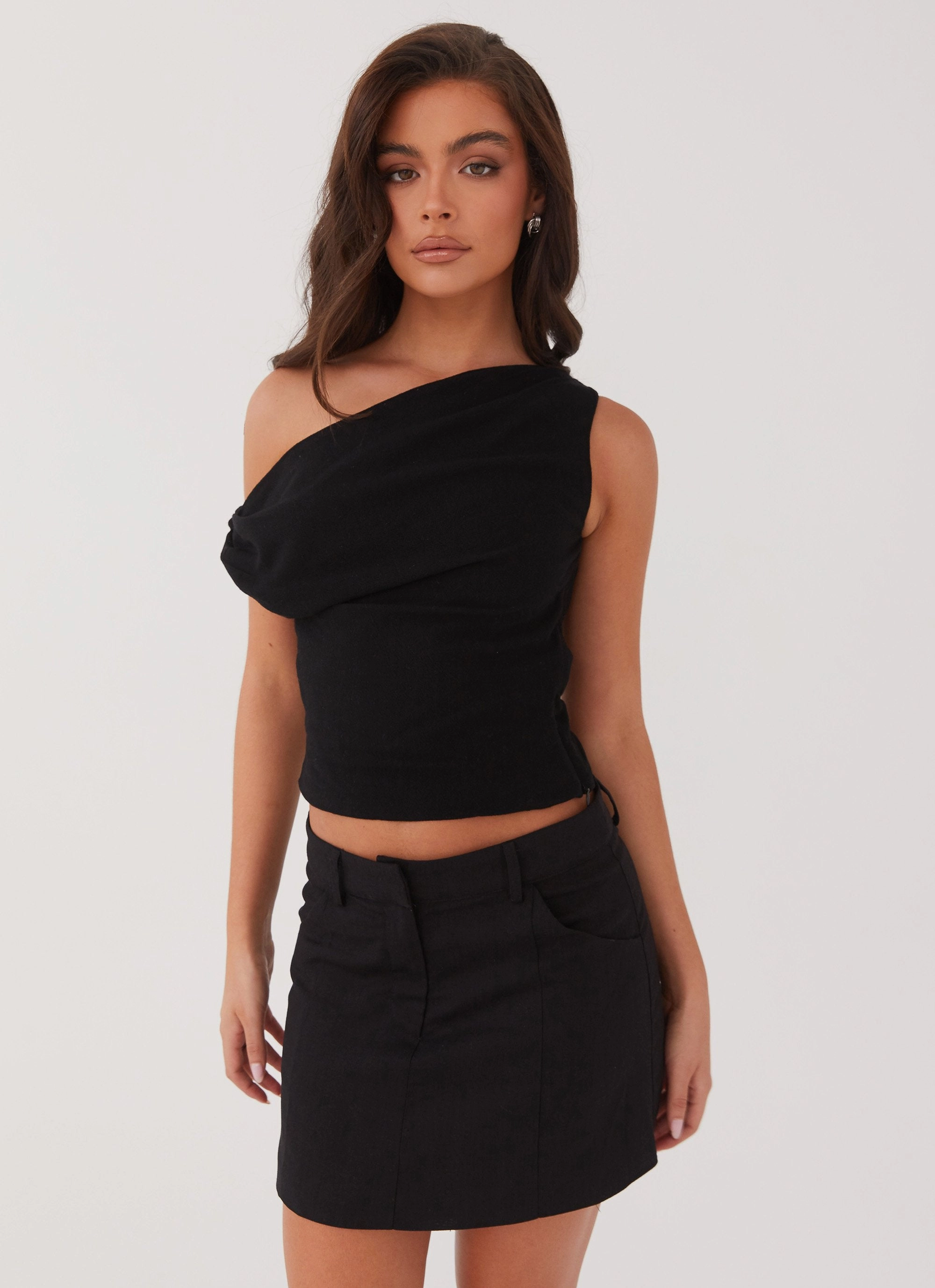 Simple Cut Marissa Linen One Shoulder Top - Black