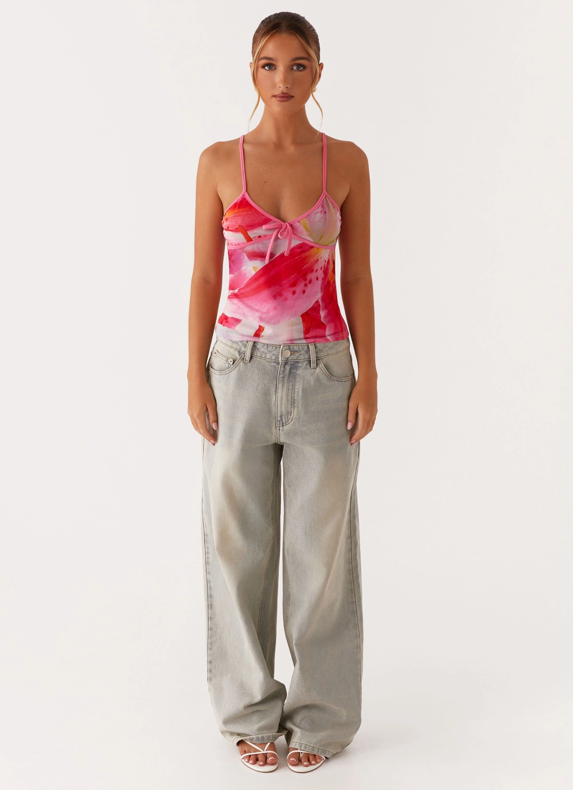 LowProfileSeams Stretch Waistband Design Claudie Mesh Top - White Pink Lilly
