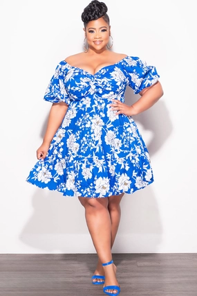 Tapered leg Multi Panel Construction Final Sale Plus Size Dress in Royal Blue & White Design Print