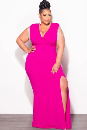 Final Sale Plus Size Faux Wrap Rhinestone Fringe Sleeve Maxi Dress in Fuchsia Chafe-Free Fit